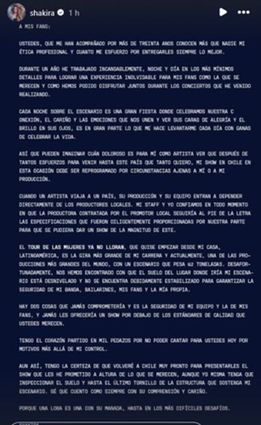 Con este comunicado Shakira anunció la cancelación de su concierto en Chile. Foto: Instagram.