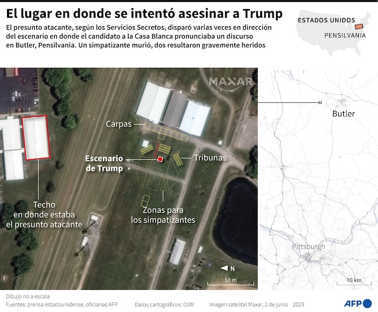Mapa que muestra el lugar donde fue atacado Trump. FOTO: AFP