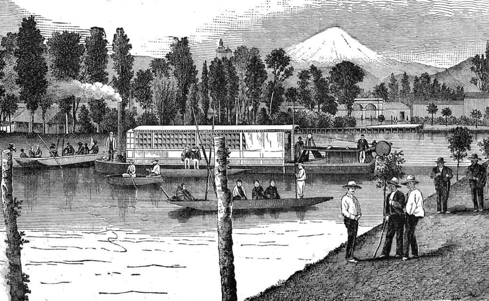 Ilustración del Lago de Chalco, 1887. Tras su desecación, se establecieron algunos cultivos en el terreno libre; en donde ahora se presenta el mayor índice de inundaciones y hundimiento se cultivó alfalfa. Foto: Wikimedia Commons.
